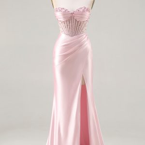 Strapless Mermaid Beaded Corset Pink Prom Dress With Slit