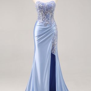 Strapless Mermaid Corset Blue Prom Dress with Slit