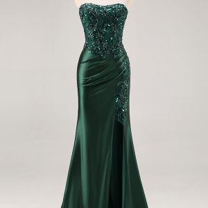 Strapless Mermaid Beaded Dark Green Prom Dress with Slit