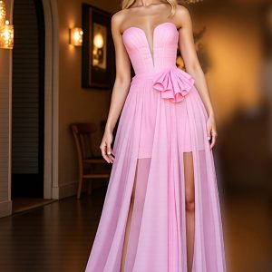 Strapless Pink A Line Prom Dress with Slit