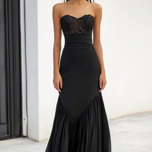 Strapless Mermaid Black Tie Dress with Lace