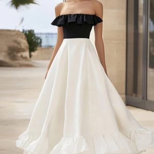 Strapless Ruffled White A Line Formal Dress
