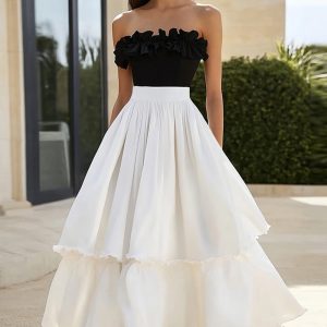 Strapless Ruffled Black and White A Line Holiday Dress