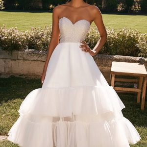 Strapless Ruffled White Wedding Dress with Beading