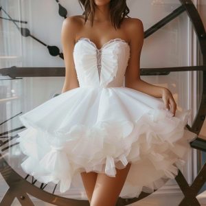 Strapless Ruffled A Line White Homecoming Dress