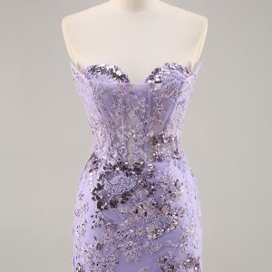 Strapless Purple Tight Homecoming Dress with Sequins