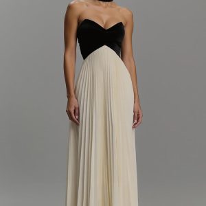 Strapless Pleated Sheath Black and Ivory Formal Dress