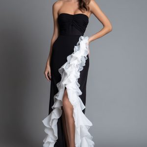 Strapless Ruffled Black and White Sheath Formal Dress With Slit