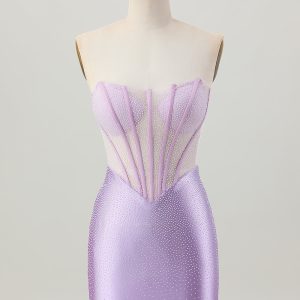 Strapless Lilac Corset Beaded Tight Homecoming Dress