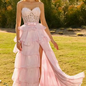 Strapless Pink Corset Tiered Bowed Prom Dress