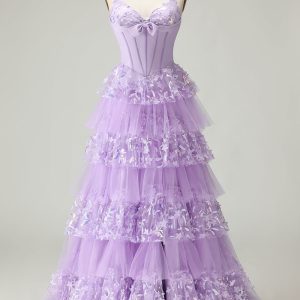 Strapless Purple Corset Tiered A-Line Prom Dress With Slit