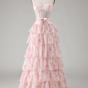 Strapless Pink Floral Corset A-Line Prom Dress With Ruffles