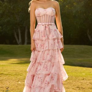 Strapless Pink Red Floral Corset Tiered Maxi Prom Dress