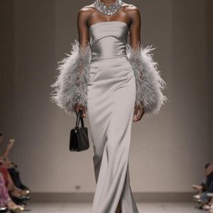 Strapless Mermaid Satin Silver Gala Dress (Without Feathers)