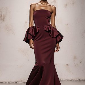 Strapless Mermaid Burgundy Maxi Evening Dress With Ruffles