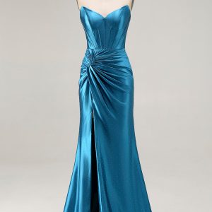 Strapless Royal Blue Corset Beaded Mermaid Prom Dress With Slit