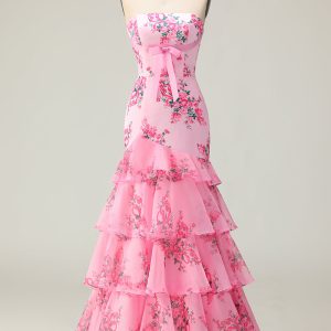 Strapless Pink Flower Ruffled Mermaid Prom Dress With Bow