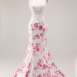 Strapless Mermaid Basque Waist White Fuchsia Floral Prom Dress