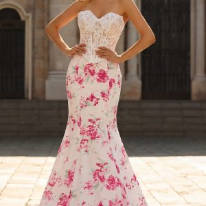Strapless Mermaid Basque Waist White Floral Lace Prom Dress
