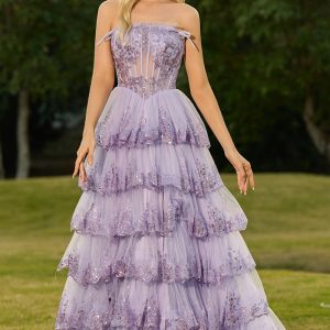 Strapless Lilac Tiered Corset Prom Dress with Ruffles