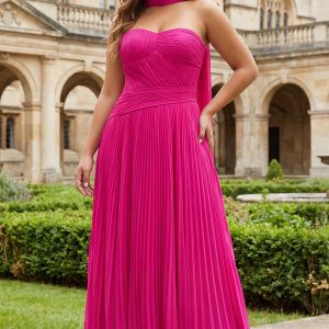 Strapless Plus Size Fuchsia A Line Pleated Prom Dress