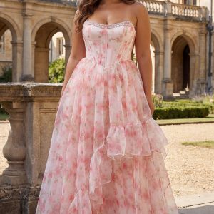 Strapless Plus Size Pink Floral A Line Corset Beaded Prom Dress