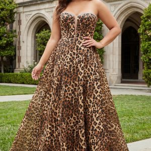 Strapless Plus Size Brown Leopard A Line Corset Prom Dress