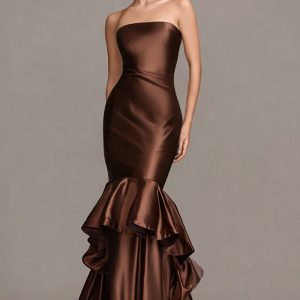 Strapless Mermaid Coffee Maxi Evening Dress With Ruffles