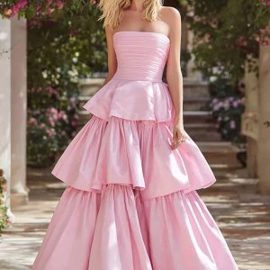 Strapless Pink A-Line Prom Dress With Ruffles