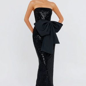 Strapless Mermaid Sequin Black Tie Dress With Bow
