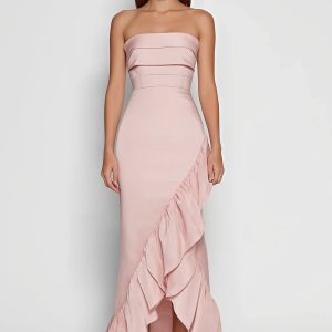 Strapless Pink Sheath Maxi Dress With Ruffles