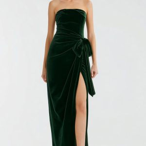 Strapless Pine Ruched Sheath Velvet Holiday Party Dress With Slit