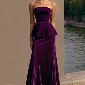 Strapless Plum Velvet Maxi Holiday Party Dress