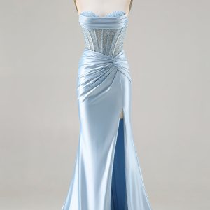 Strapless Mermaid Sky Blue Corset Prom Dress With Slit