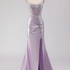 Strapless Mermaid Corset Beaded Light Purple Prom Dress With Slit
