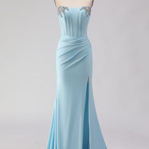 Strapless Mermaid Sky Blue Satin Corset Prom Dress With Slit
