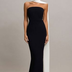 Strapless Mermaid Satin Maxi Black Tie Dress With Streamer