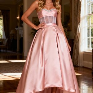Strapless Pink Princess Satin Maxi Prom Dress