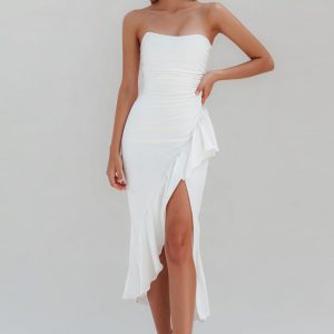 Strapless Ruffled Midi White Dress with Slit