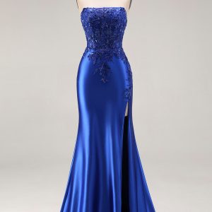 Strapless Royal Blue Mermaid Beaded Sequin Prom Dress