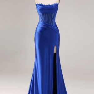 Strapless Royal Blue Mermaid Satin Beaded Prom Dress