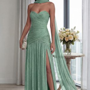 Strapless Ruched A Line Dusty Sage Formal Dress with Slit