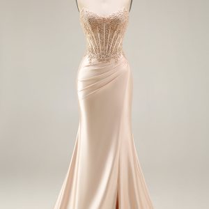 Strapless Mermaid Appliqued Corset Champagne Prom Dress