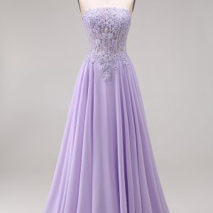 Strapless Lilac Corset Appliqued A Line Prom Dress