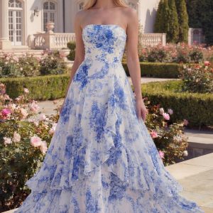 Strapless Ruffled Blue Floral A Line Maxi Prom Dress
