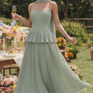 Strapless Ruffled A Line Pleated Dusty Sage Wedding Guest Dress