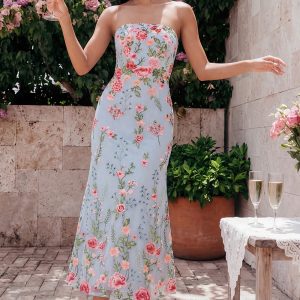 Strapless Mermaid Blue Floral Midi Wedding Guest Dress
