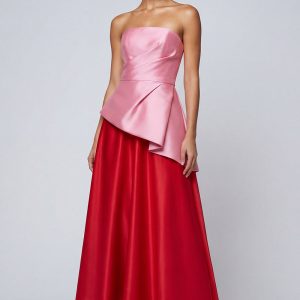 Strapless Ruched A Line Satin Pink and Red Formal Dress