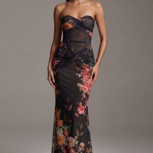 Strapless Ruched Black Mermaid Floral Formal Dress