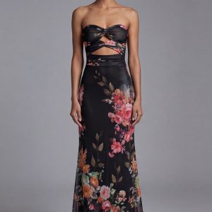 Strapless Mermaid Ruched Black Cut Out Floral Formal Dress